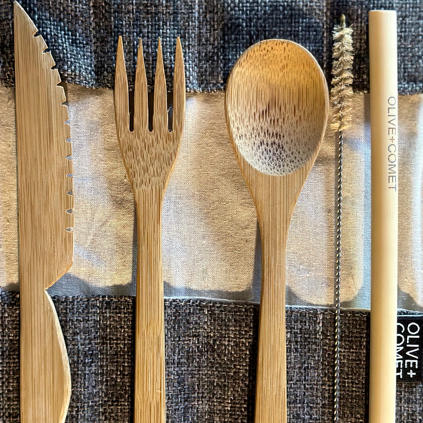 Closeup shot of the utensils in the Sarita bamboo flatware set