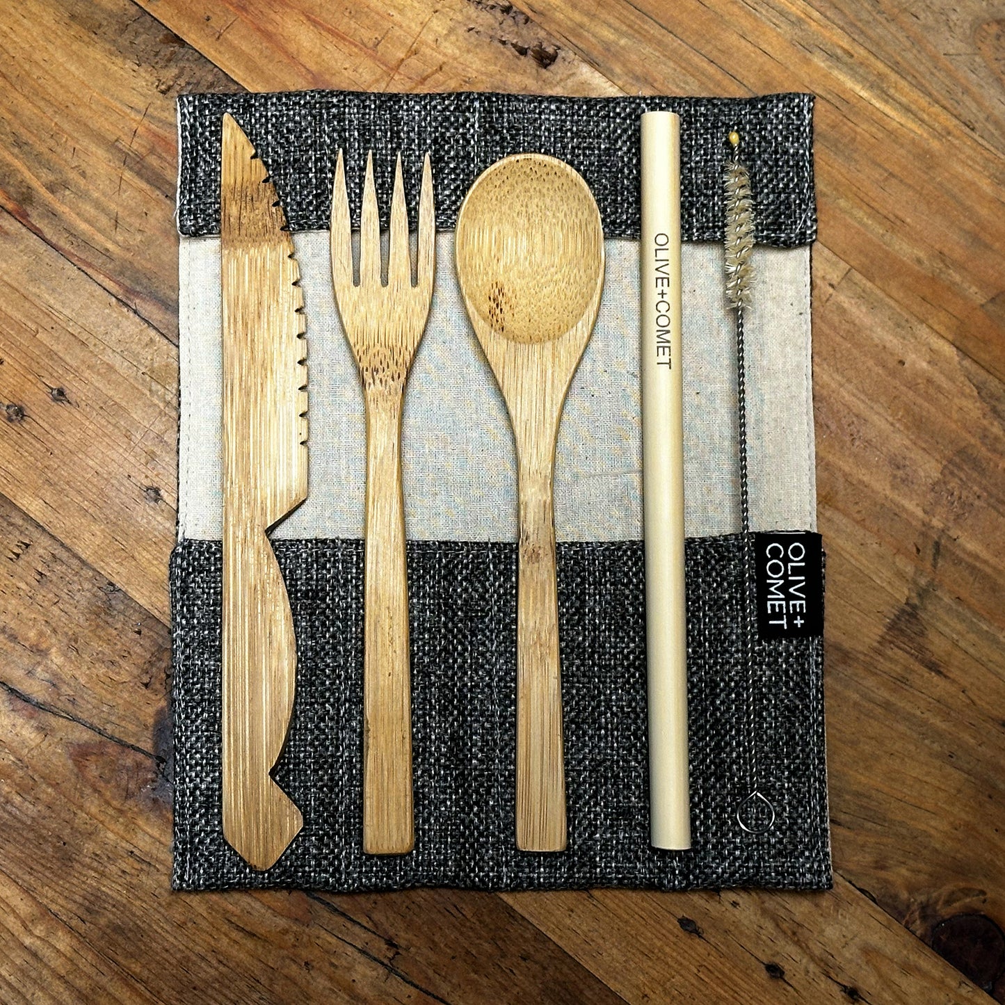 Photo of a Sarita Bamboo flatware set with jute and cotton case
