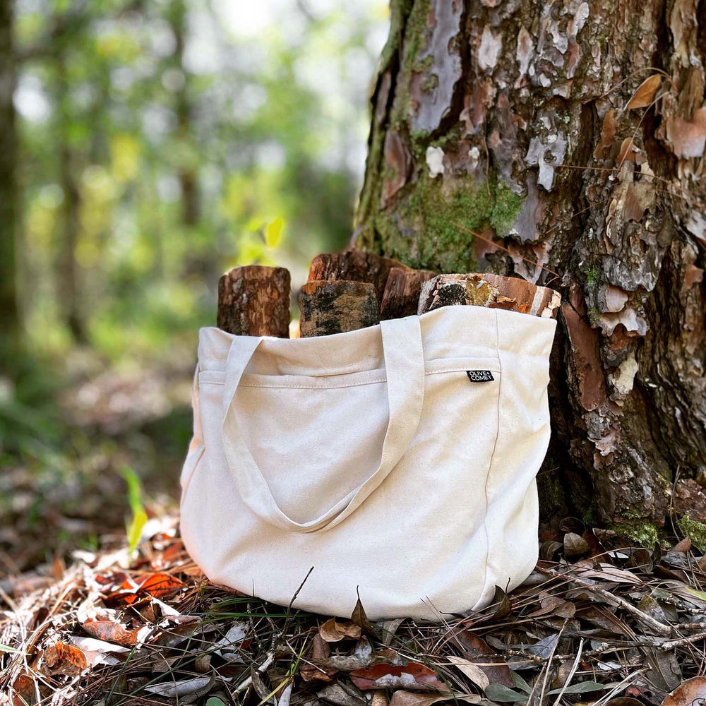 The Sonoma bag “in the wild”. Sitting on the forest floor, nearby a tree, the bag is awash in filtered sunlight shining through the treetops. The blurred background is green.