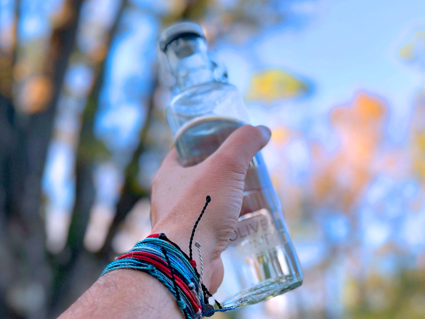 Cropped photo of a mans arm holding a Hadley bottle up to the sky as a toast