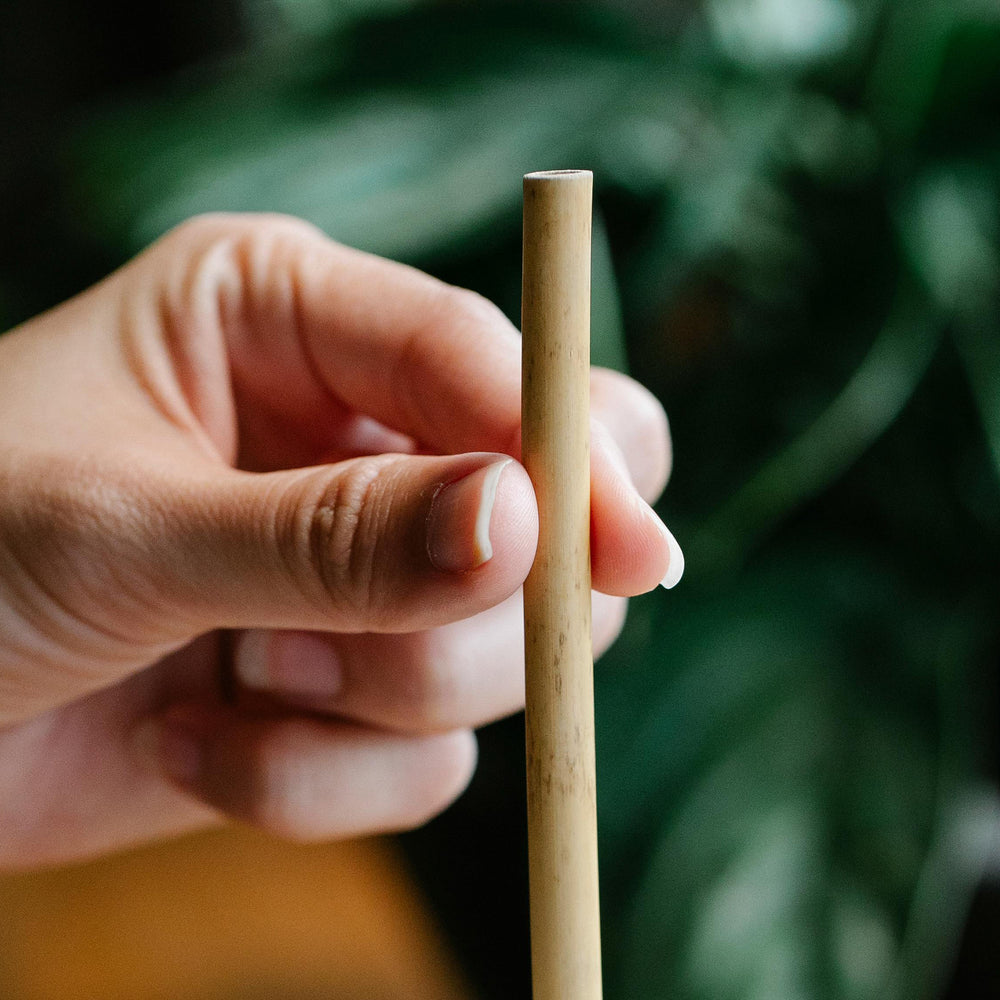 A hand holds a bamboo straw